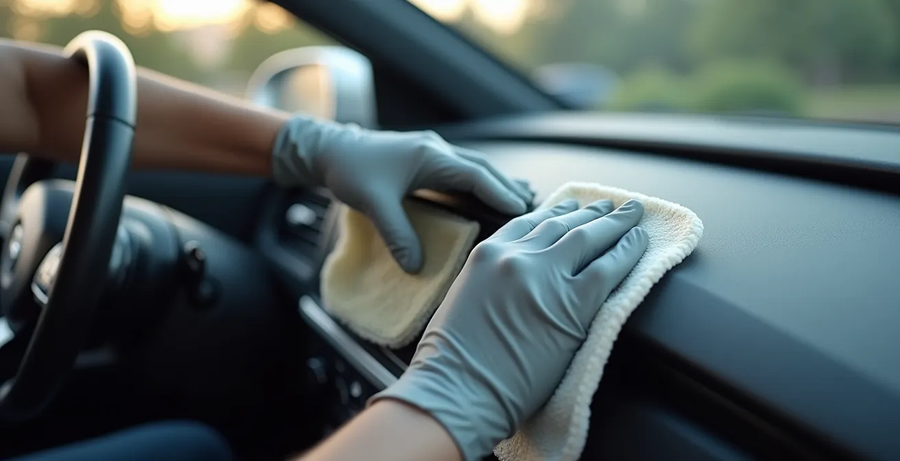 Main gantée appliquant un produit de protection sur surface de tableau de bord automobile avec chiffon microfibre, créant finition satinée uniforme