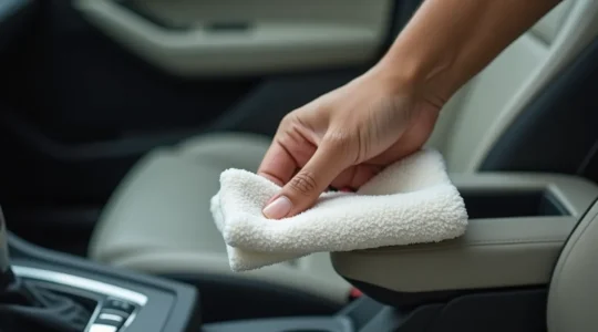 Main d'un automobiliste tenant un chiffon microfibre dans un habitacle de voiture moderne, avec surfaces en cuir et plastique visibles en arrière-plan légèrement flou