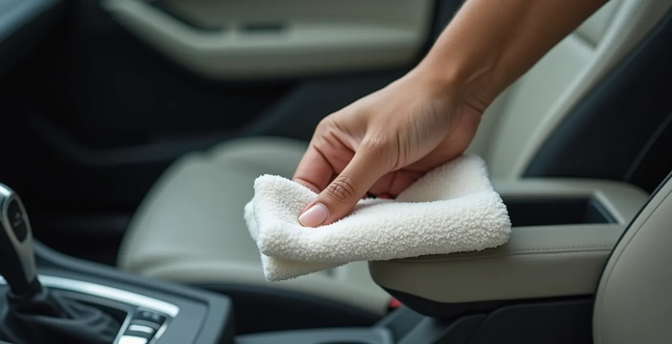 Main d'un automobiliste tenant un chiffon microfibre dans un habitacle de voiture moderne, avec surfaces en cuir et plastique visibles en arrière-plan légèrement flou
