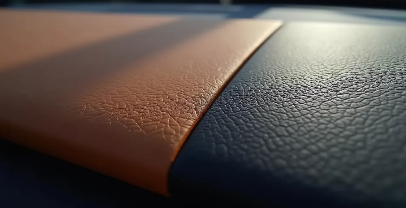 Gros plan tactile sur texture de cuir automobile et plastique de tableau de bord, montrant grain naturel et finitions contrastées sous lumière douce