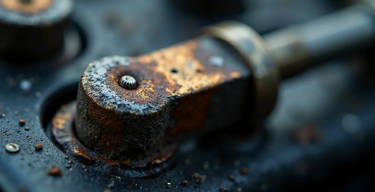 Vue macro des bornes de batterie automobile montrant différents stades de corrosion et d'usure