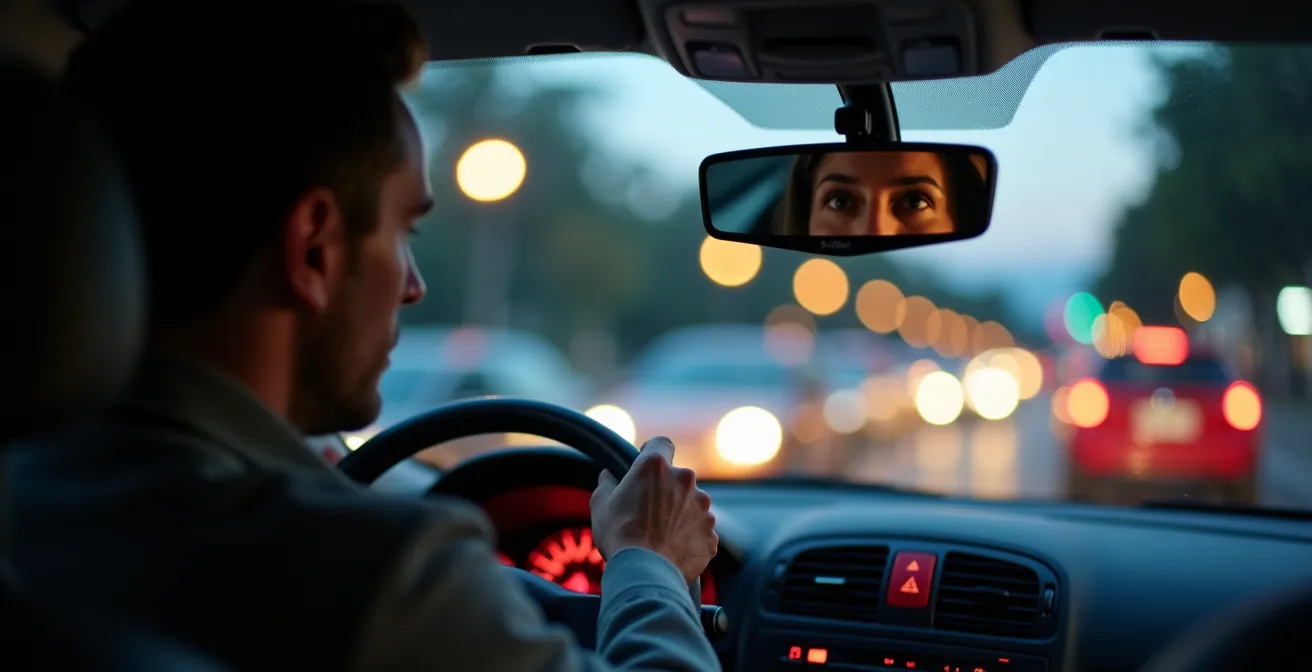 Conducteur au volant dans un embouteillage urbain avec tableau de bord visible montrant les voyants
