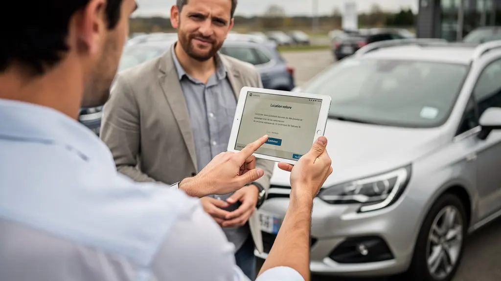 Agent montrant état des lieux sur tablette à un client devant véhicule de location