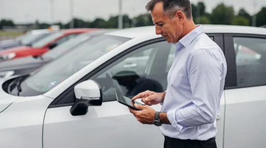 Agent de location inspectant carrosserie véhicule avec tablette numérique