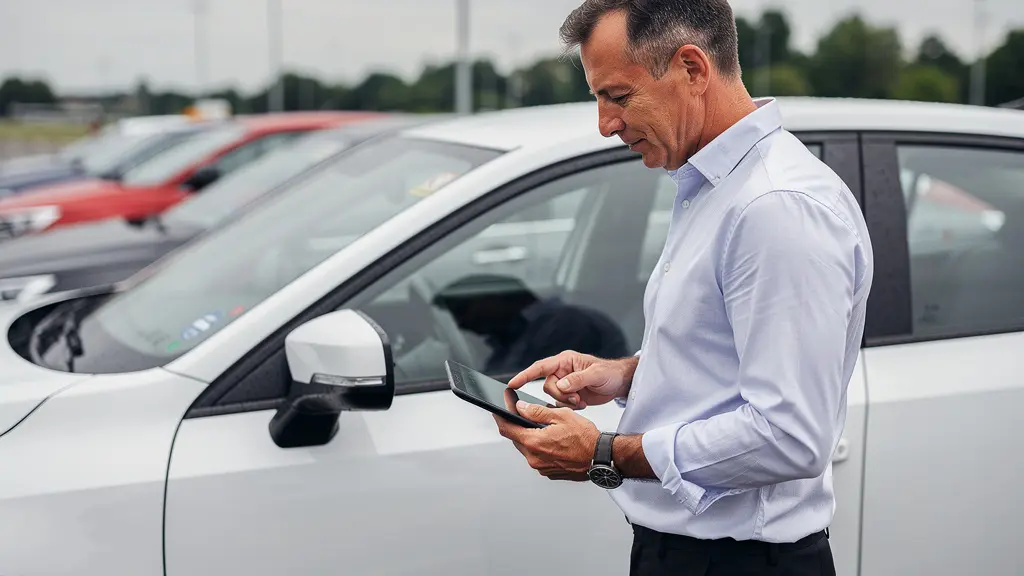 Agent de location inspectant carrosserie véhicule avec tablette numérique