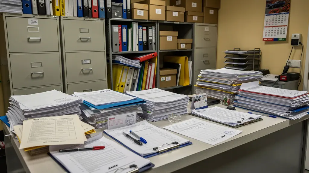 Comptoir agence location encombré de formulaires papier et classeurs